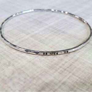 925 Sterling Silver Handcrafted Engraved Date Bangle Bracelet, Hammered, Skinny